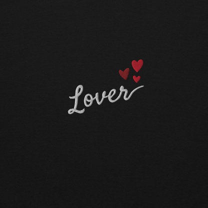 Black Lover sweatshirt inspired by Taylor Swift’s Lover era, featuring minimalist ‘Lover’ text with small heart details on a cozy pastel crewneck, soft romantic pop aesthetic merch