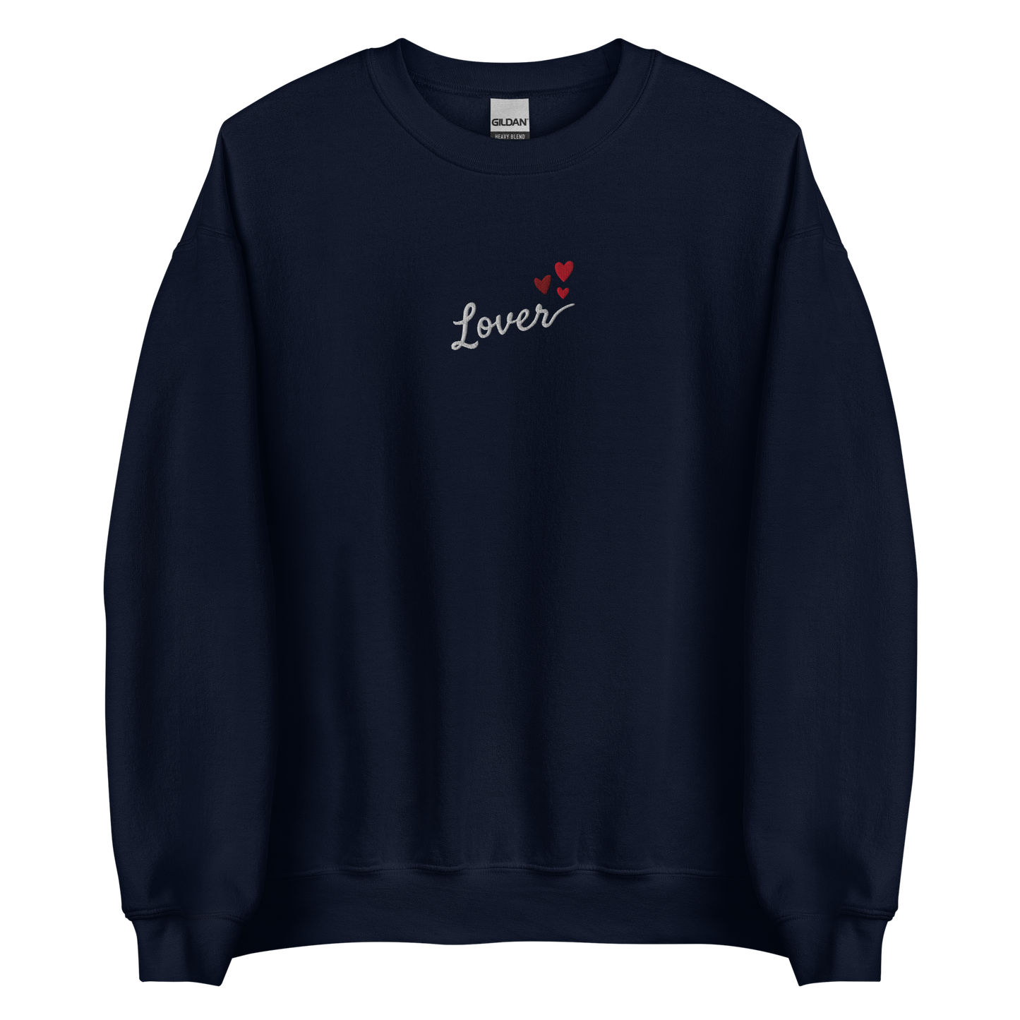Navy Lover sweatshirt inspired by Taylor Swift’s Lover era, featuring minimalist ‘Lover’ text with small heart details on a cozy pastel crewneck, soft romantic pop aesthetic merch