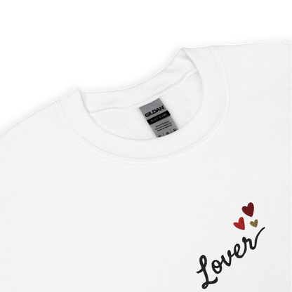 White Lover sweatshirt inspired by Taylor Swift’s Lover era, featuring minimalist ‘Lover’ text with small heart details on a cozy pastel crewneck, soft romantic pop aesthetic merch