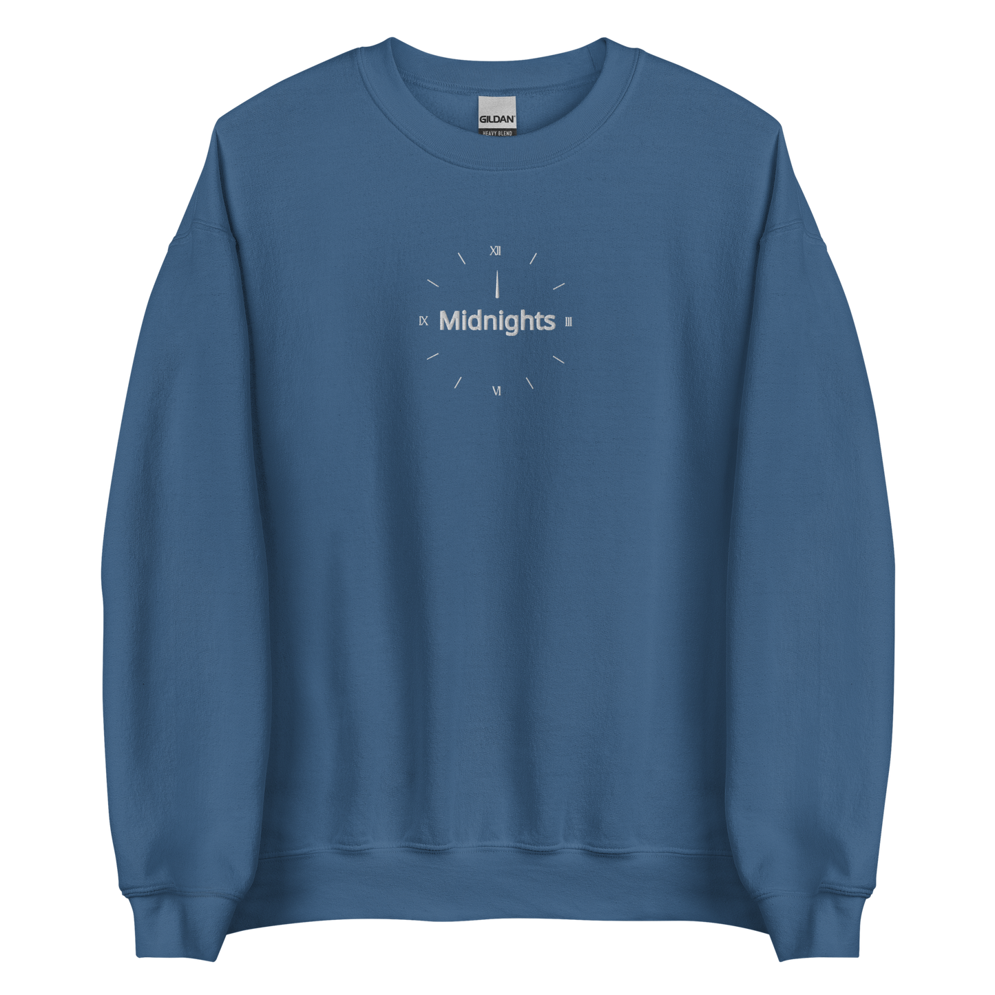 Blue crewneck sweatshirt featuring “Midnights” text with a minimalist clock graphic on the chest, inspired by Taylor Swift’s Midnights album era, cozy unisex pullover fan merch