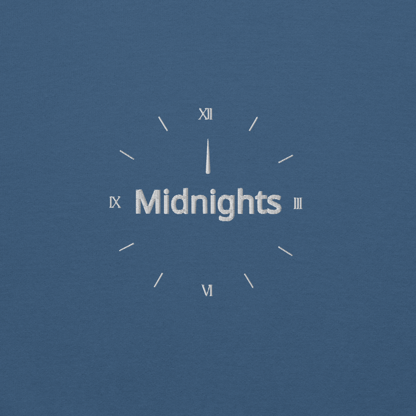 Blue crewneck sweatshirt featuring “Midnights” text with a minimalist clock graphic on the chest, inspired by Taylor Swift’s Midnights album era, cozy unisex pullover fan merch