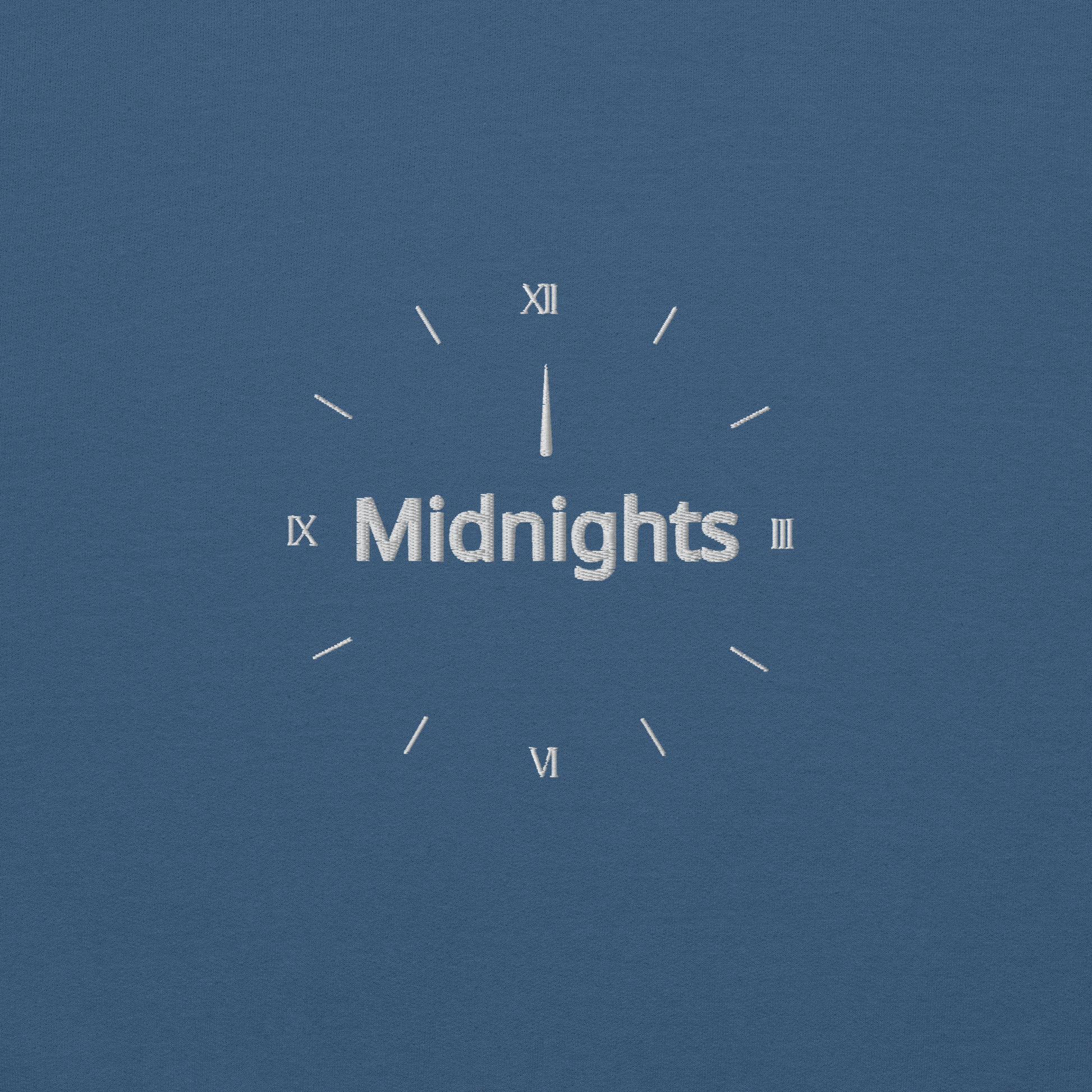 Blue crewneck sweatshirt featuring “Midnights” text with a minimalist clock graphic on the chest, inspired by Taylor Swift’s Midnights album era, cozy unisex pullover fan merch