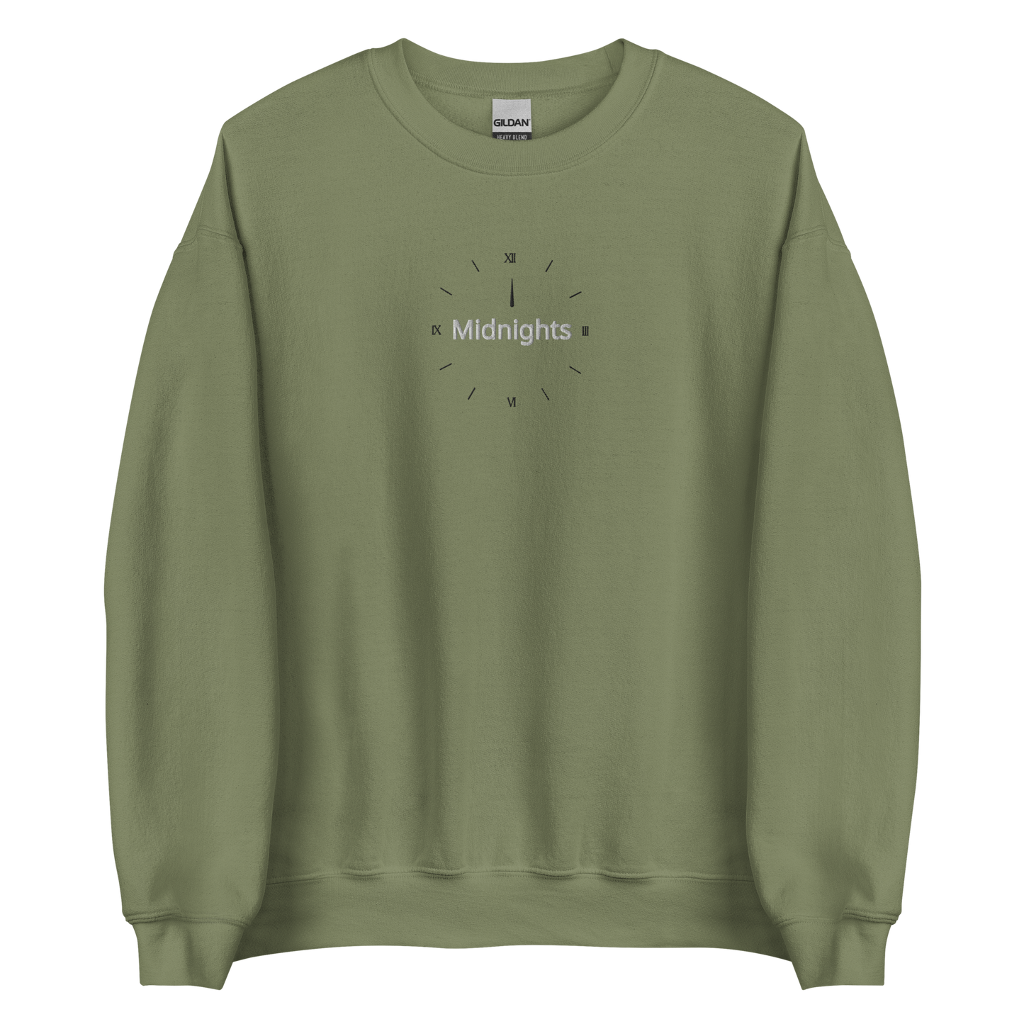 Military green crewneck sweatshirt featuring “Midnights” text with a minimalist clock graphic on the chest, inspired by Taylor Swift’s Midnights album era, cozy unisex pullover fan merch