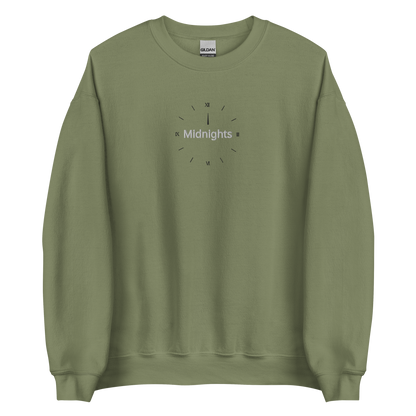 Military green crewneck sweatshirt featuring “Midnights” text with a minimalist clock graphic on the chest, inspired by Taylor Swift’s Midnights album era, cozy unisex pullover fan merch