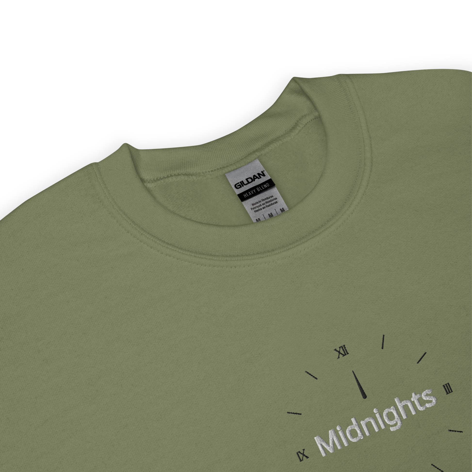 Military green crewneck sweatshirt featuring “Midnights” text with a minimalist clock graphic on the chest, inspired by Taylor Swift’s Midnights album era, cozy unisex pullover fan merch