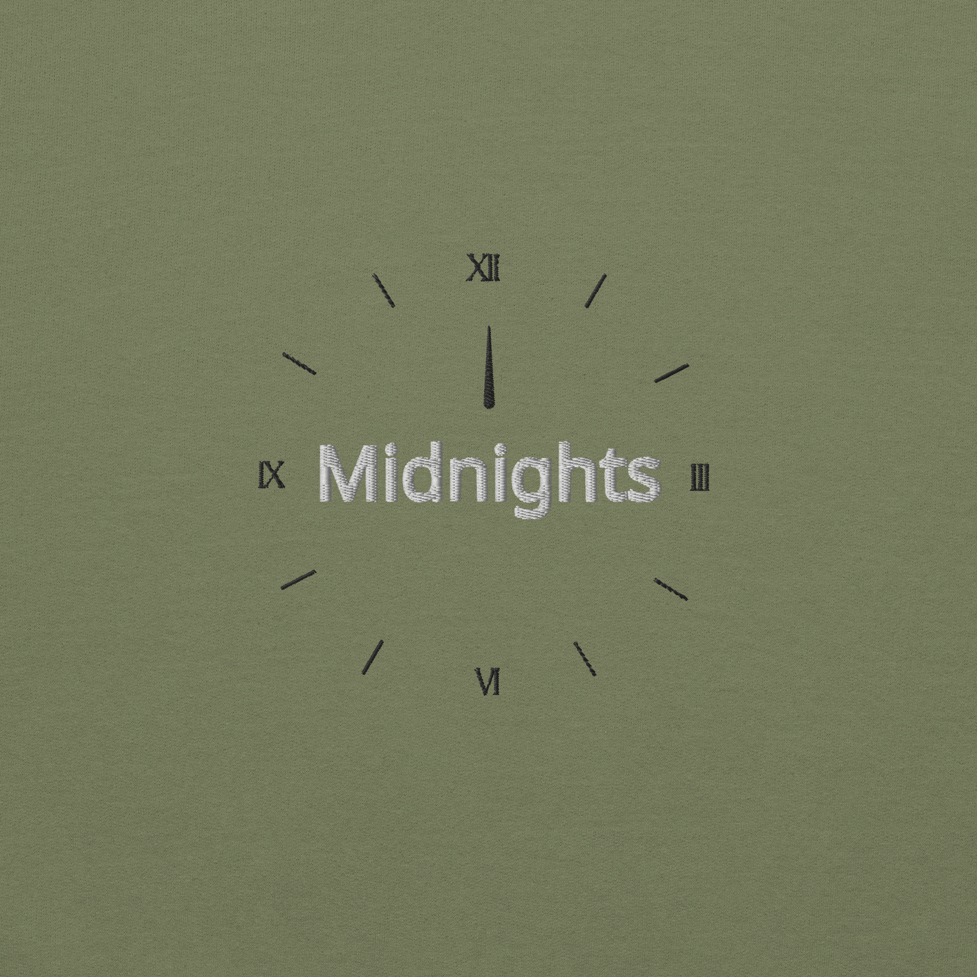 Military green crewneck sweatshirt featuring “Midnights” text with a minimalist clock graphic on the chest, inspired by Taylor Swift’s Midnights album era, cozy unisex pullover fan merch