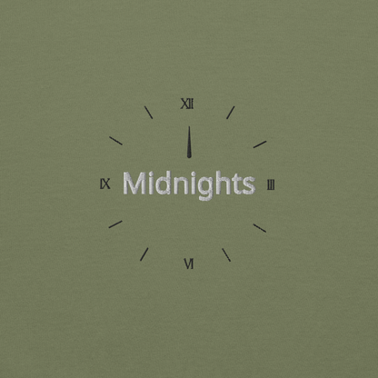 Military green crewneck sweatshirt featuring “Midnights” text with a minimalist clock graphic on the chest, inspired by Taylor Swift’s Midnights album era, cozy unisex pullover fan merch