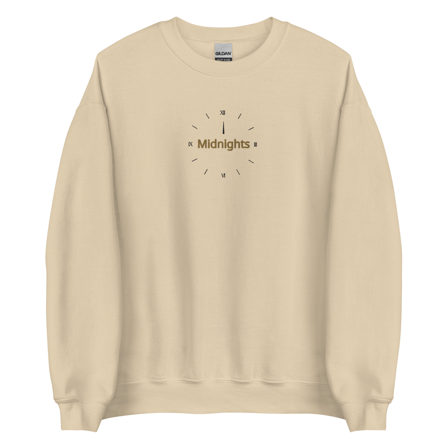 Sand crewneck sweatshirt featuring “Midnights” text with a minimalist clock graphic on the chest, inspired by Taylor Swift’s Midnights album era, cozy unisex pullover fan merch