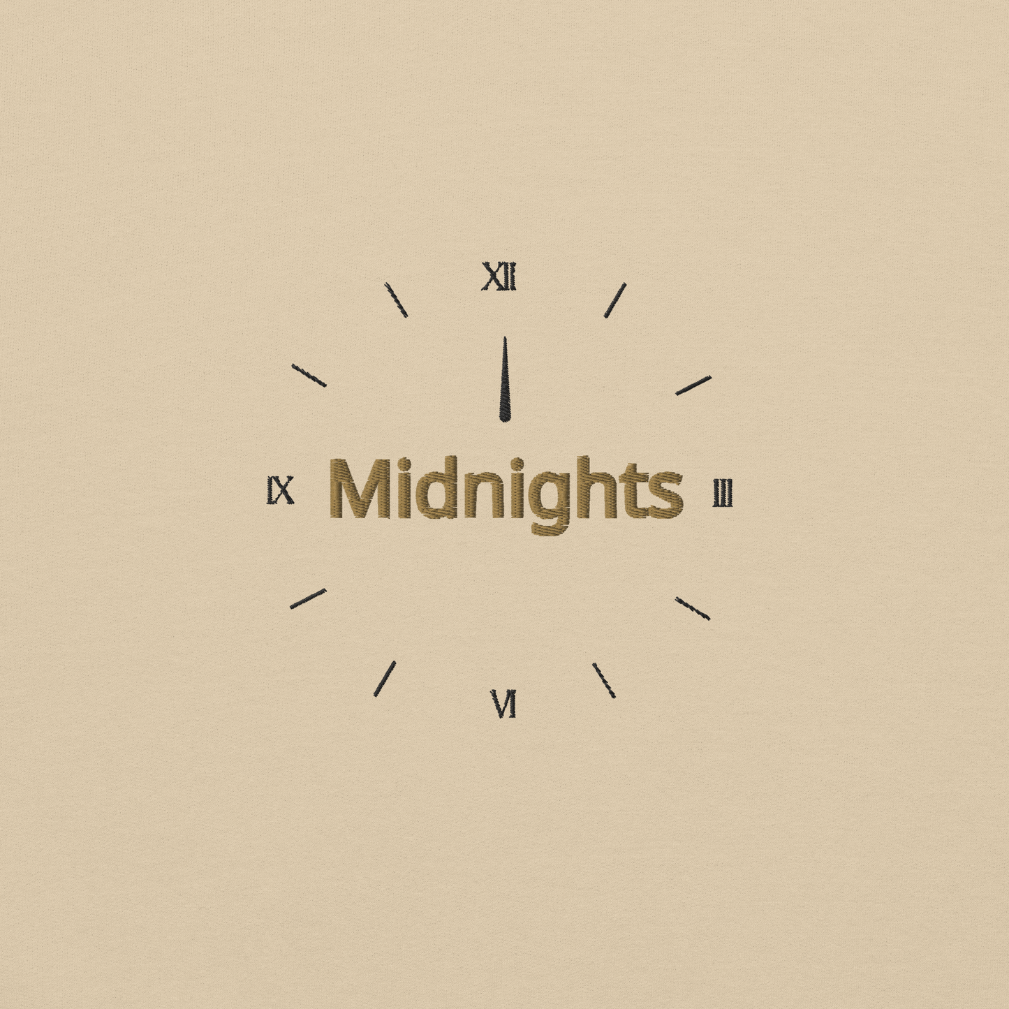 Sand crewneck sweatshirt featuring “Midnights” text with a minimalist clock graphic on the chest, inspired by Taylor Swift’s Midnights album era, cozy unisex pullover fan merch