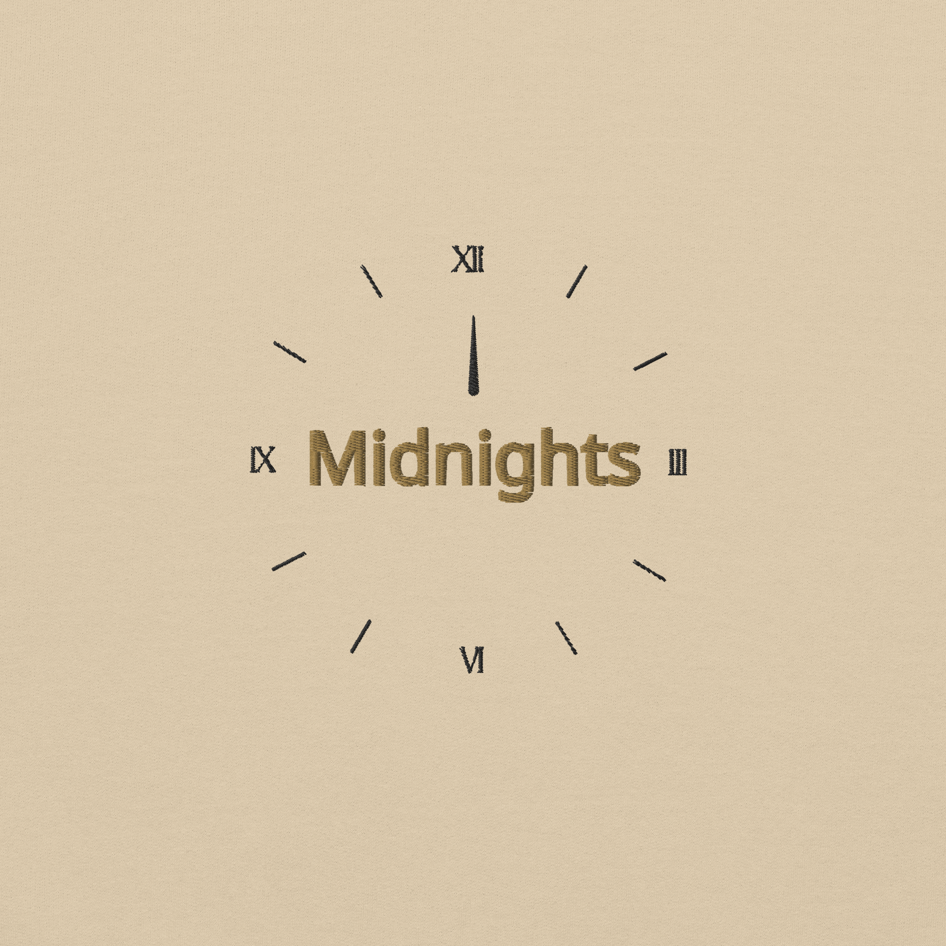 Sand crewneck sweatshirt featuring “Midnights” text with a minimalist clock graphic on the chest, inspired by Taylor Swift’s Midnights album era, cozy unisex pullover fan merch