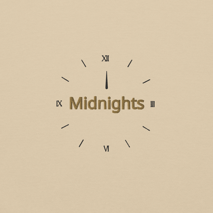 Sand crewneck sweatshirt featuring “Midnights” text with a minimalist clock graphic on the chest, inspired by Taylor Swift’s Midnights album era, cozy unisex pullover fan merch