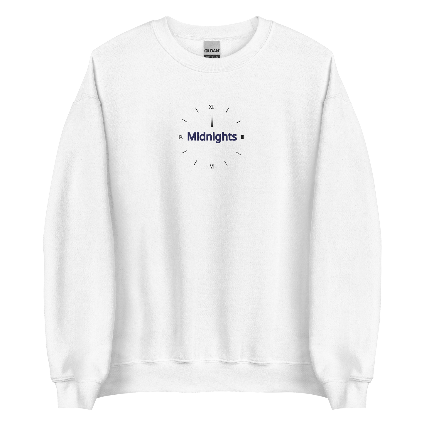 White crewneck sweatshirt featuring “Midnights” text with a minimalist clock graphic on the chest, inspired by Taylor Swift’s Midnights album era, cozy unisex pullover fan merch