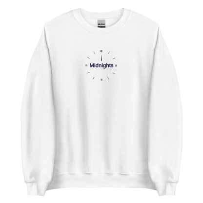 White crewneck sweatshirt featuring “Midnights” text with a minimalist clock graphic on the chest, inspired by Taylor Swift’s Midnights album era, cozy unisex pullover fan merch