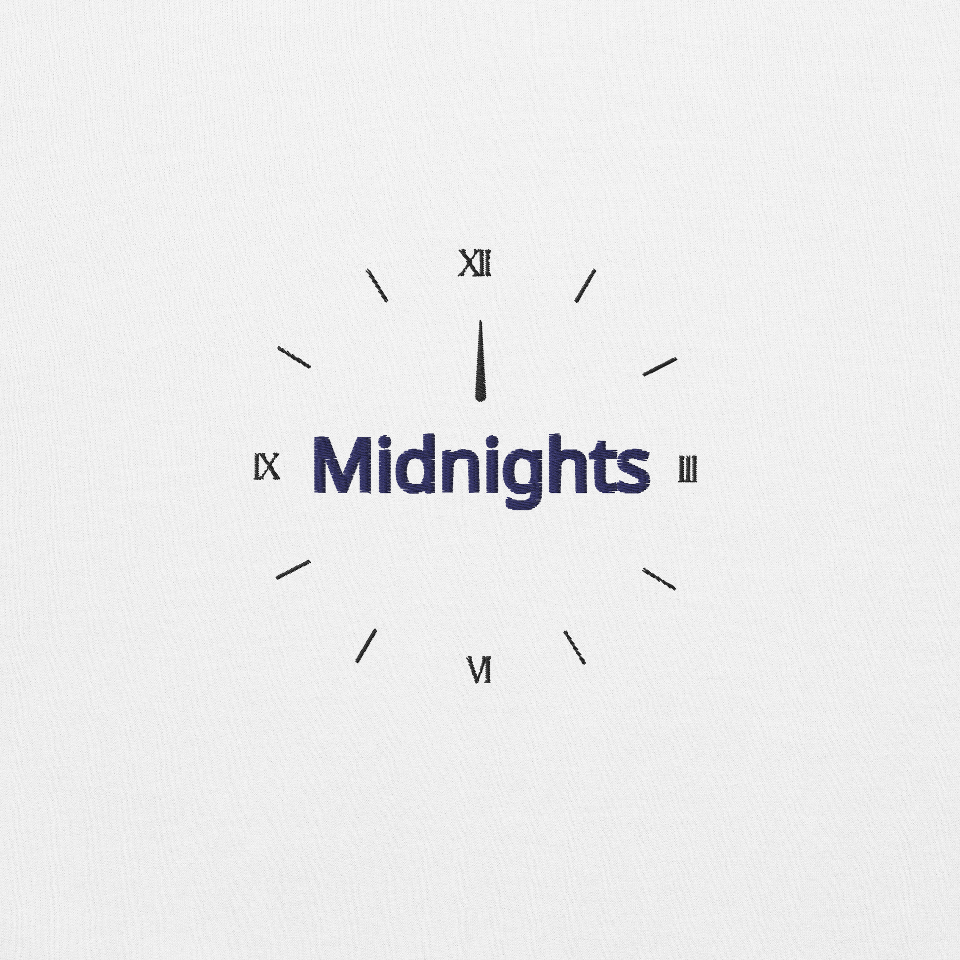 White crewneck sweatshirt featuring “Midnights” text with a minimalist clock graphic on the chest, inspired by Taylor Swift’s Midnights album era, cozy unisex pullover fan merch