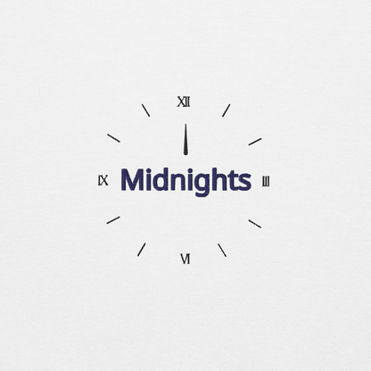 White crewneck sweatshirt featuring “Midnights” text with a minimalist clock graphic on the chest, inspired by Taylor Swift’s Midnights album era, cozy unisex pullover fan merch
