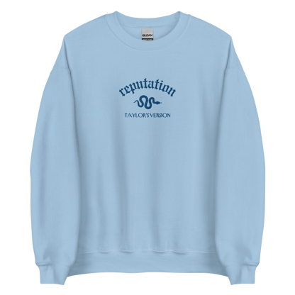 Light Blue Reputation Sweatshirt inspired by Taylor Swift, perfect for Swifties