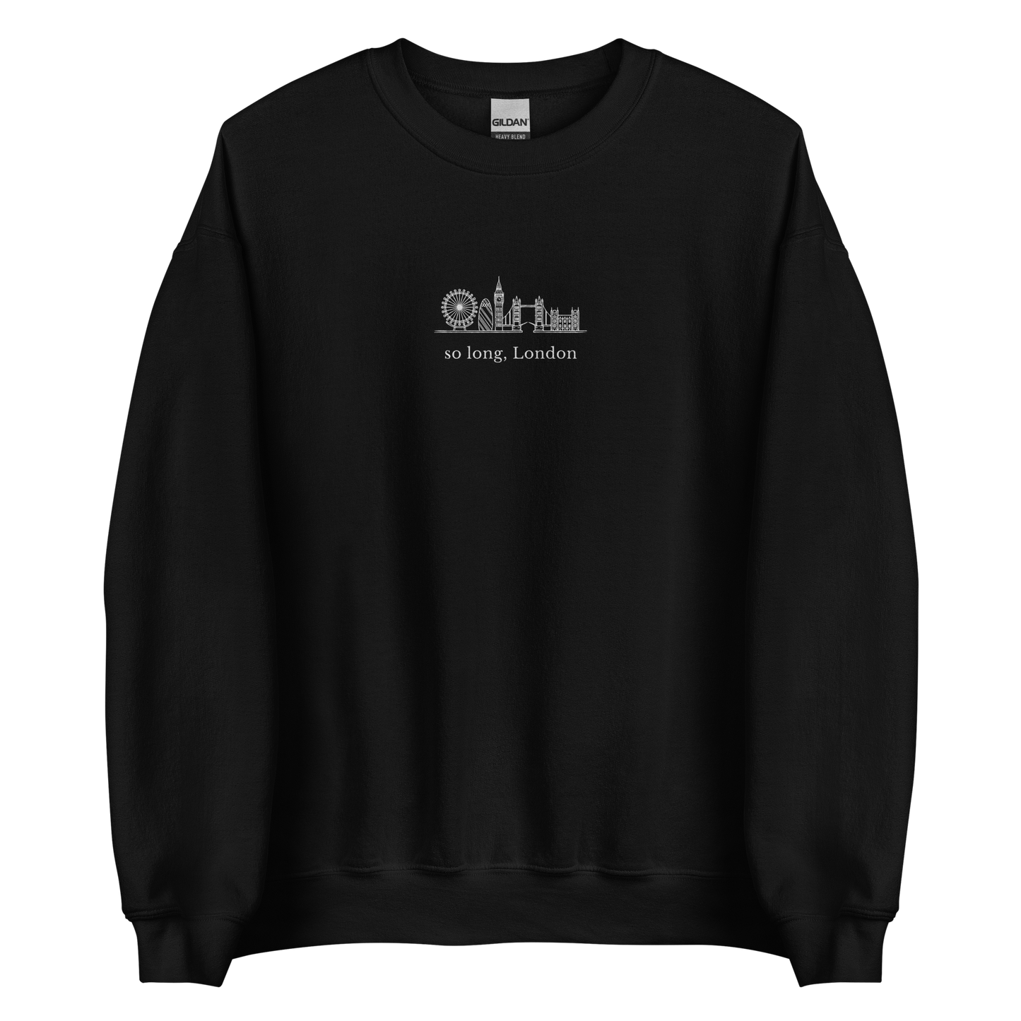 Taylor Swift inspired black sweatshirt featuring 'So Long, London' text with London skyline design, perfect for fans of Taylor Swift, Eras Tour merchandise, and stylish concert apparel