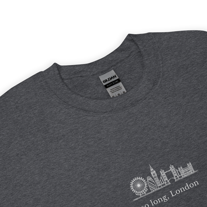 Taylor Swift inspired dark heather sweatshirt featuring 'So Long, London' text with London skyline design, perfect for fans of Taylor Swift, Eras Tour merchandise, and stylish concert apparel