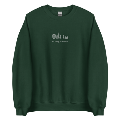 Taylor Swift inspired forest green sweatshirt featuring 'So Long, London' text with London skyline design, perfect for fans of Taylor Swift, Eras Tour merchandise, and stylish concert apparel