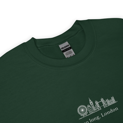 Taylor Swift inspired forest green sweatshirt featuring 'So Long, London' text with London skyline design, perfect for fans of Taylor Swift, Eras Tour merchandise, and stylish concert apparel