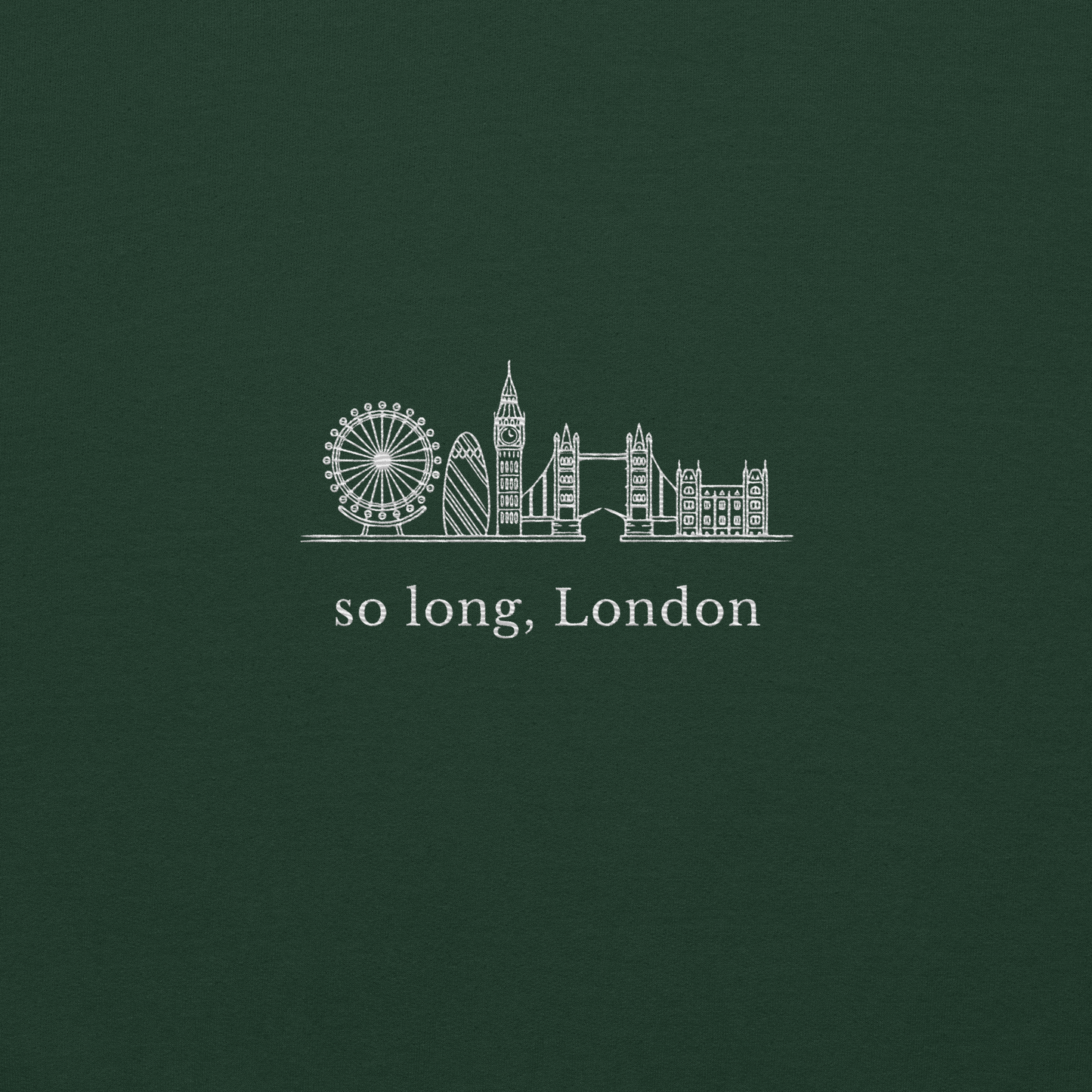 Taylor Swift inspired forest green sweatshirt featuring 'So Long, London' text with London skyline design, perfect for fans of Taylor Swift, Eras Tour merchandise, and stylish concert apparel