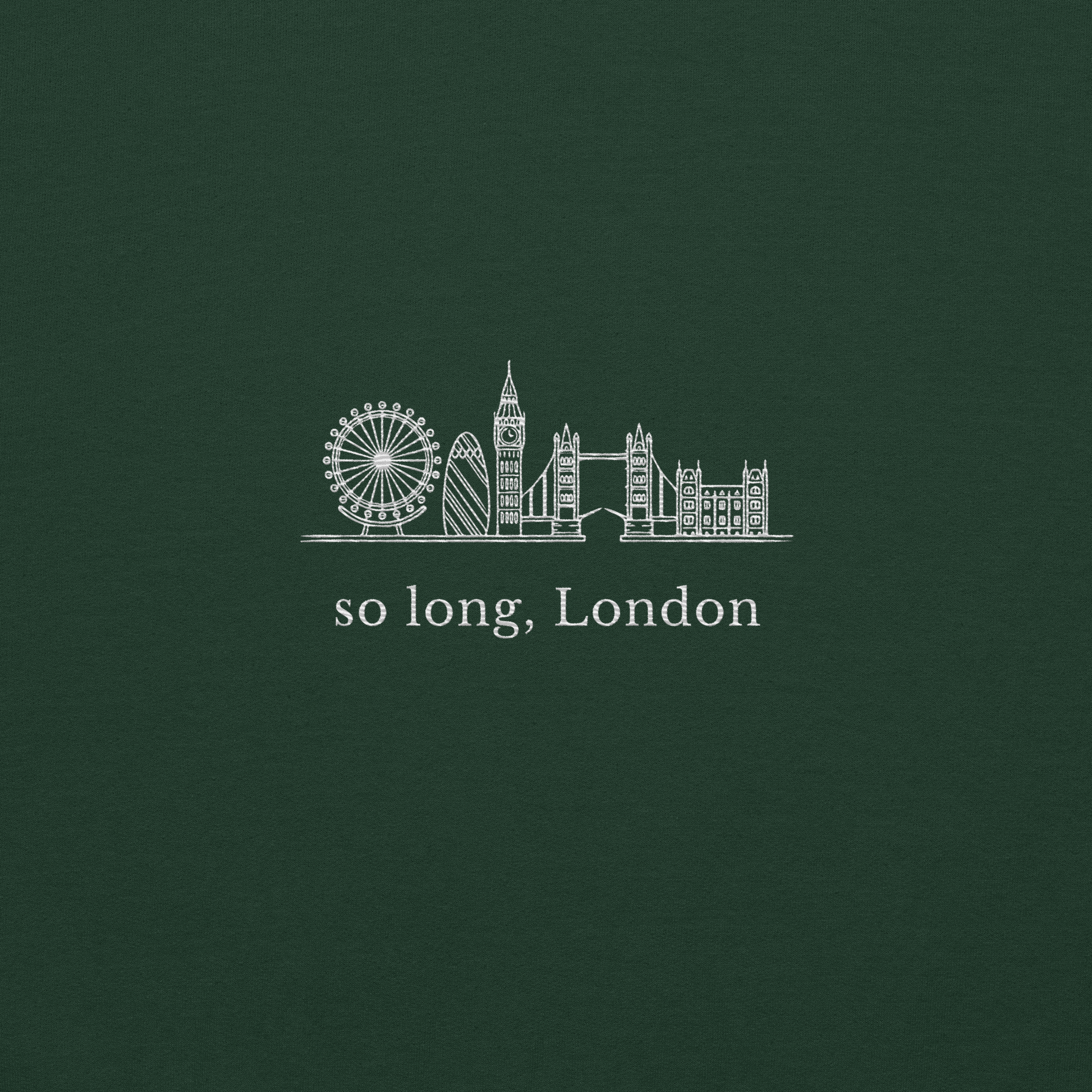 Taylor Swift inspired forest green sweatshirt featuring 'So Long, London' text with London skyline design, perfect for fans of Taylor Swift, Eras Tour merchandise, and stylish concert apparel