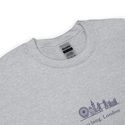 Taylor Swift inspired grey sweatshirt featuring 'So Long, London' text with London skyline design, perfect for fans of Taylor Swift, Eras Tour merchandise, and stylish concert apparel