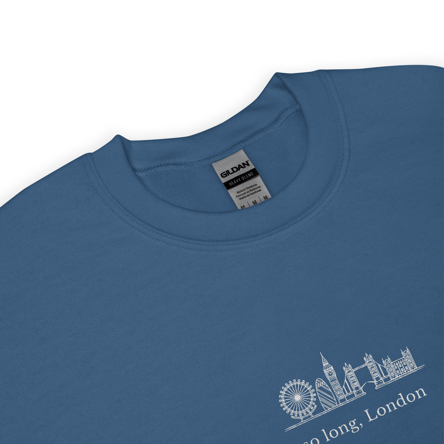 Taylor Swift inspired indigo blue sweatshirt featuring 'So Long, London' text with London skyline design, perfect for fans of Taylor Swift, Eras Tour merchandise, and stylish concert apparel