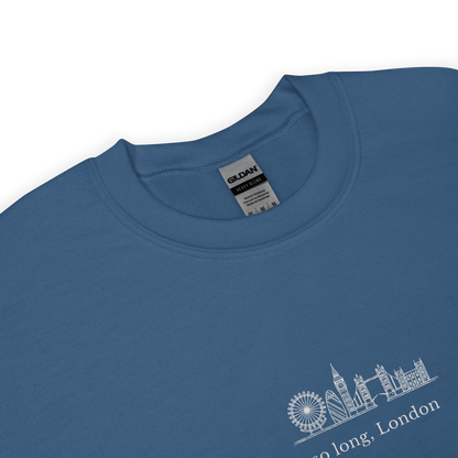 Taylor Swift inspired indigo blue sweatshirt featuring 'So Long, London' text with London skyline design, perfect for fans of Taylor Swift, Eras Tour merchandise, and stylish concert apparel