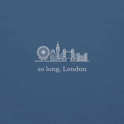 Taylor Swift inspired indigo blue sweatshirt featuring 'So Long, London' text with London skyline design, perfect for fans of Taylor Swift, Eras Tour merchandise, and stylish concert apparel