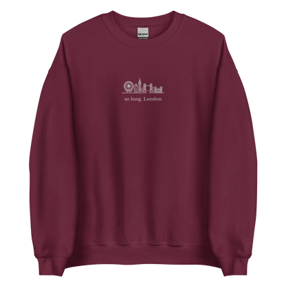 Taylor Swift inspired maroon sweatshirt featuring 'So Long, London' text with London skyline design, perfect for fans of Taylor Swift, Eras Tour merchandise, and stylish concert apparel