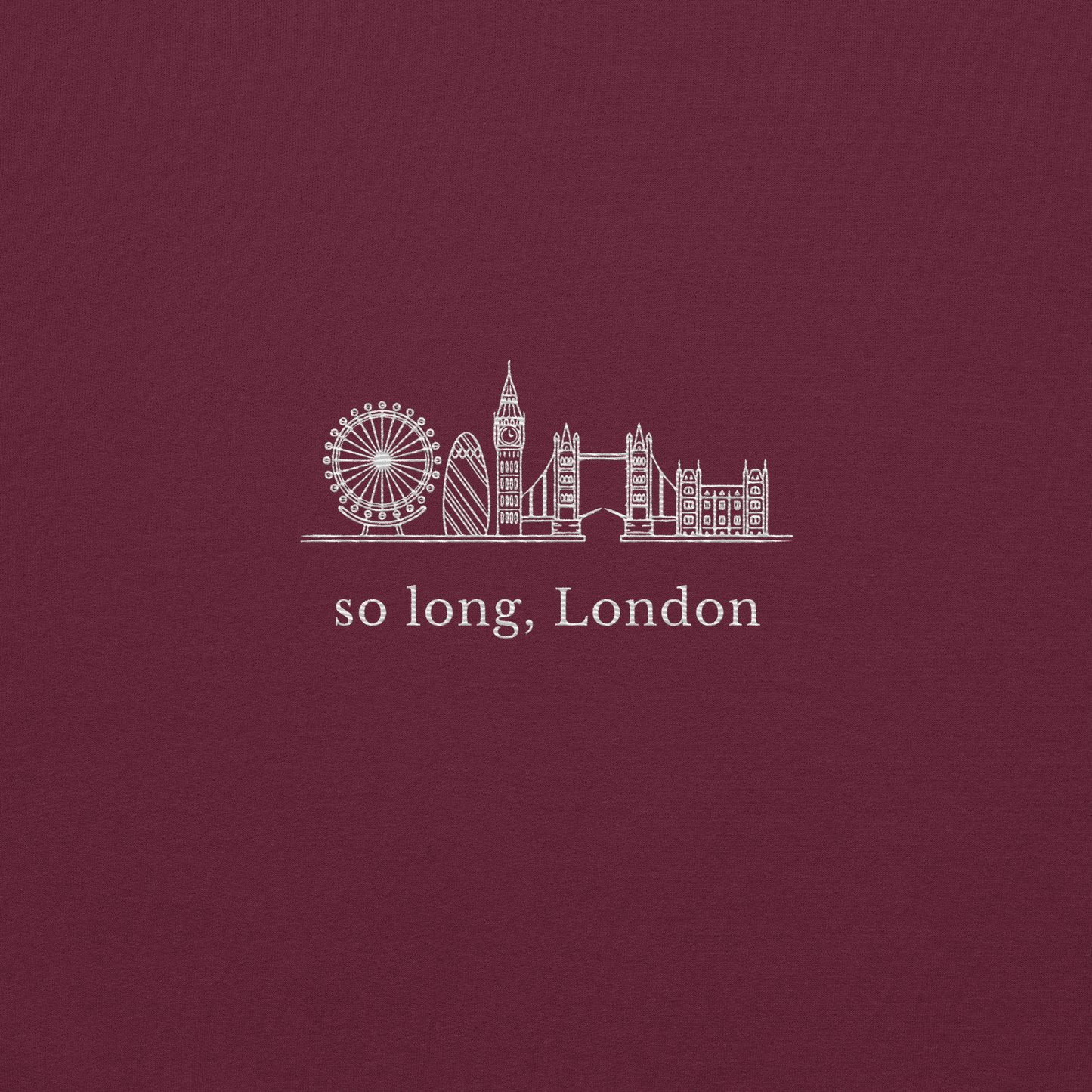 Taylor Swift inspired maroon sweatshirt featuring 'So Long, London' text with London skyline design, perfect for fans of Taylor Swift, Eras Tour merchandise, and stylish concert apparel