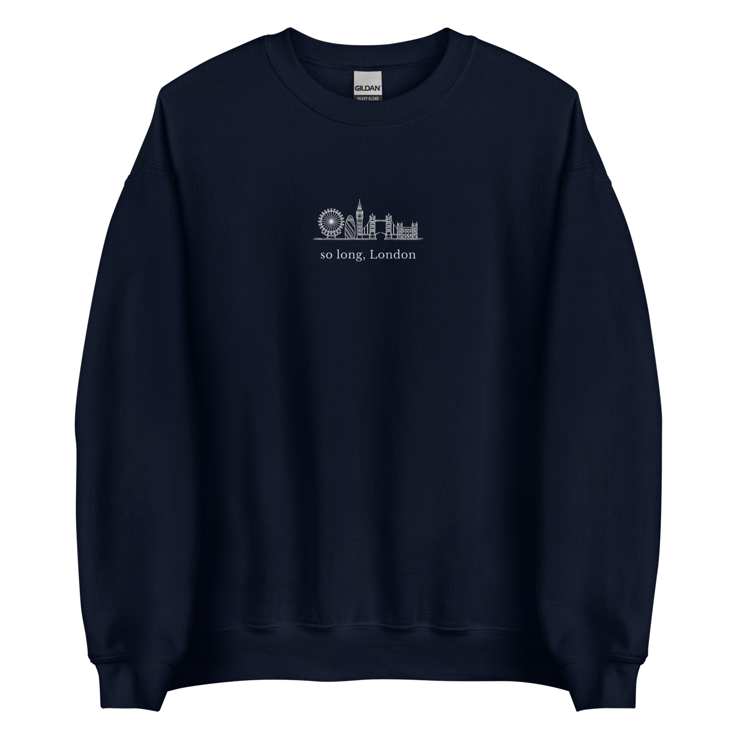 Taylor Swift inspired navy sweatshirt featuring 'So Long, London' text with London skyline design, perfect for fans of Taylor Swift, Eras Tour merchandise, and stylish concert apparel