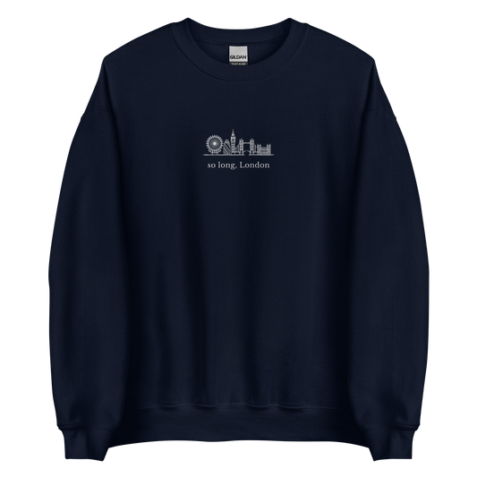 Taylor Swift inspired navy sweatshirt featuring 'So Long, London' text with London skyline design, perfect for fans of Taylor Swift, Eras Tour merchandise, and stylish concert apparel