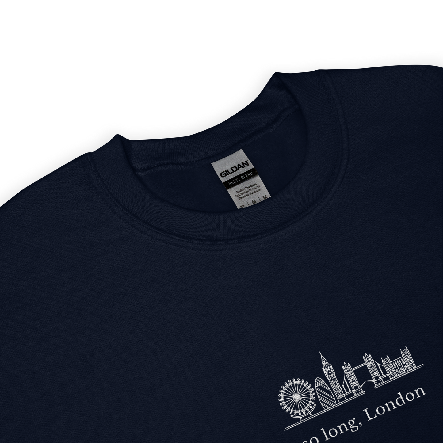 Taylor Swift inspired navy sweatshirt featuring 'So Long, London' text with London skyline design, perfect for fans of Taylor Swift, Eras Tour merchandise, and stylish concert apparel