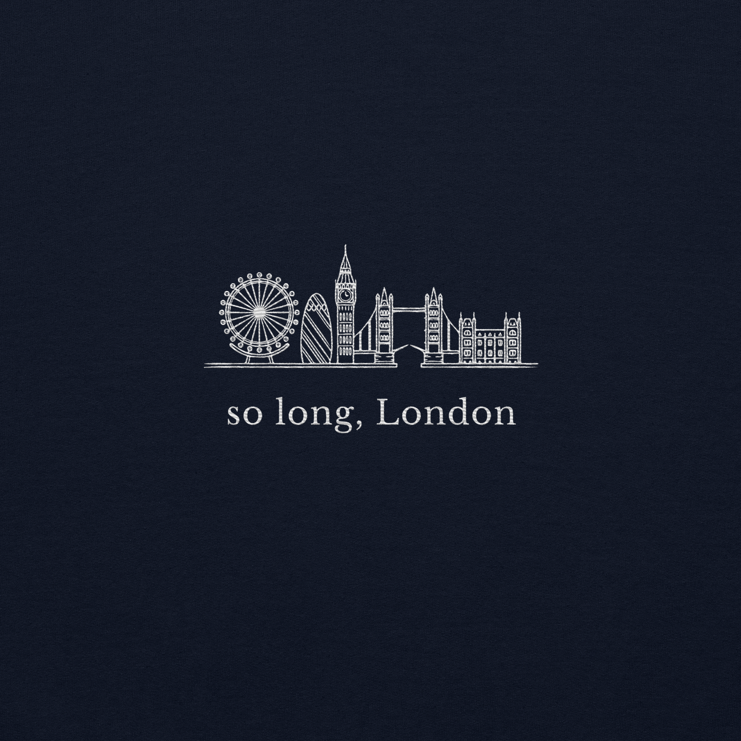 Taylor Swift inspired navy sweatshirt featuring 'So Long, London' text with London skyline design, perfect for fans of Taylor Swift, Eras Tour merchandise, and stylish concert apparel