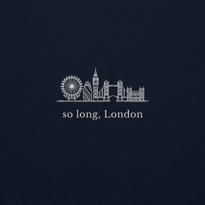 Taylor Swift inspired navy sweatshirt featuring 'So Long, London' text with London skyline design, perfect for fans of Taylor Swift, Eras Tour merchandise, and stylish concert apparel