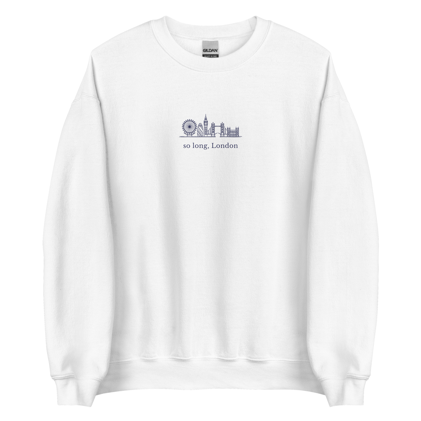 Taylor Swift inspired white sweatshirt featuring 'So Long, London' text with London skyline design, perfect for fans of Taylor Swift, Eras Tour merchandise, and stylish concert apparel