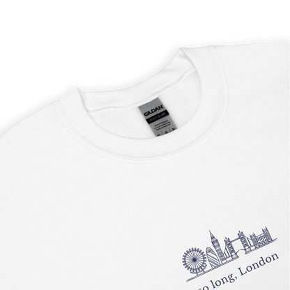 Taylor Swift inspired white sweatshirt featuring 'So Long, London' text with London skyline design, perfect for fans of Taylor Swift, Eras Tour merchandise, and stylish concert apparel