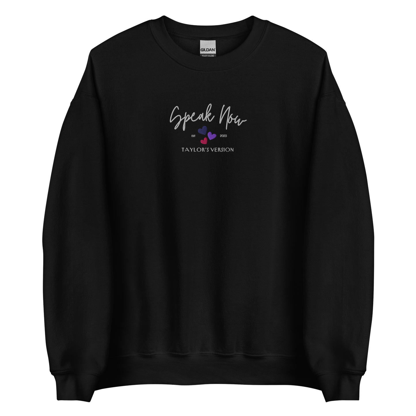 Black crewneck Taylor Swift “Speak Now” sweatshirt featuring elegant scripted logo inspired by the Speak Now album era, cozy unisex fan merch perfect for Swifties and everyday wear