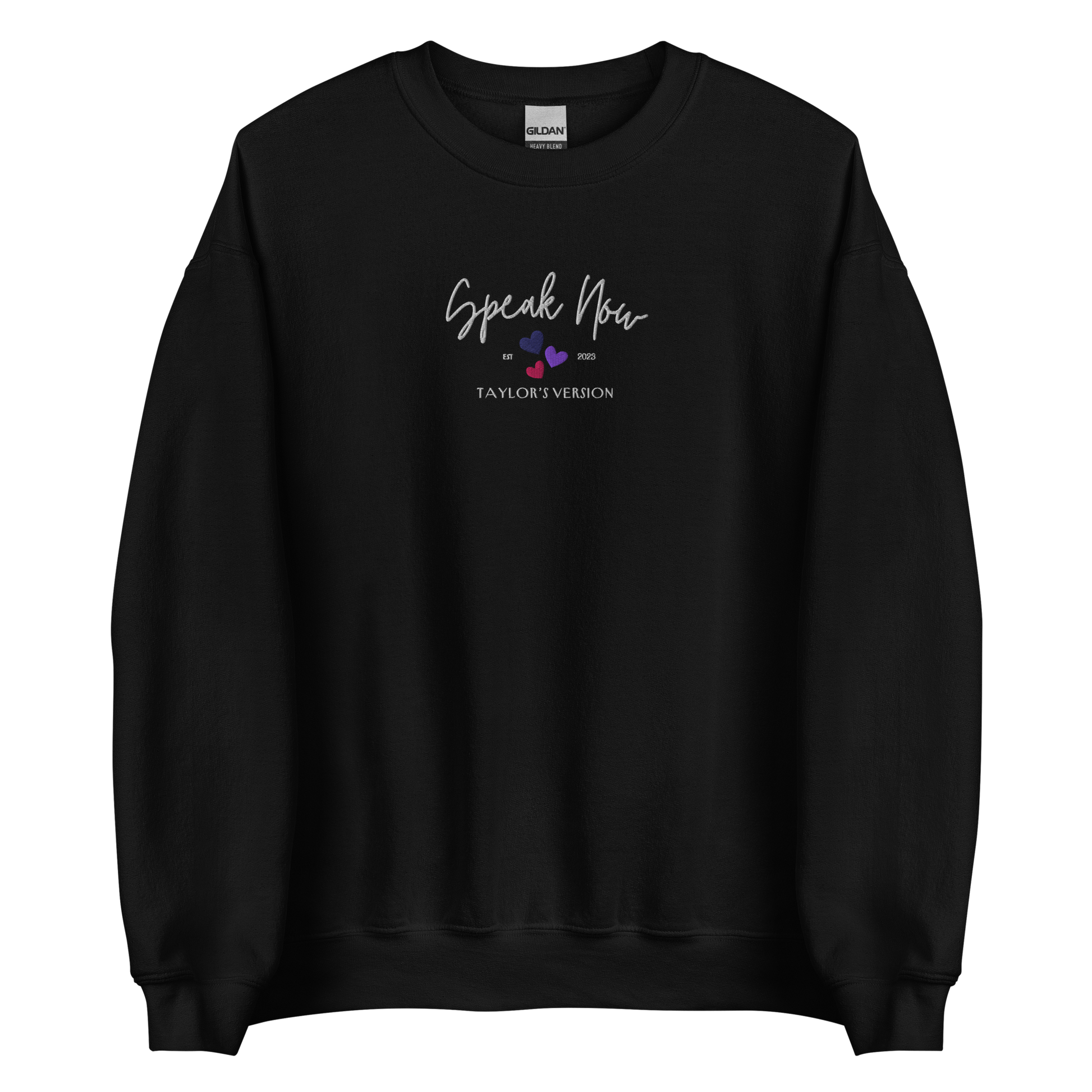 Black crewneck Taylor Swift “Speak Now” sweatshirt featuring elegant scripted logo inspired by the Speak Now album era, cozy unisex fan merch perfect for Swifties and everyday wear