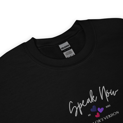 Black crewneck Taylor Swift “Speak Now” sweatshirt featuring elegant scripted logo inspired by the Speak Now album era, cozy unisex fan merch perfect for Swifties and everyday wear
