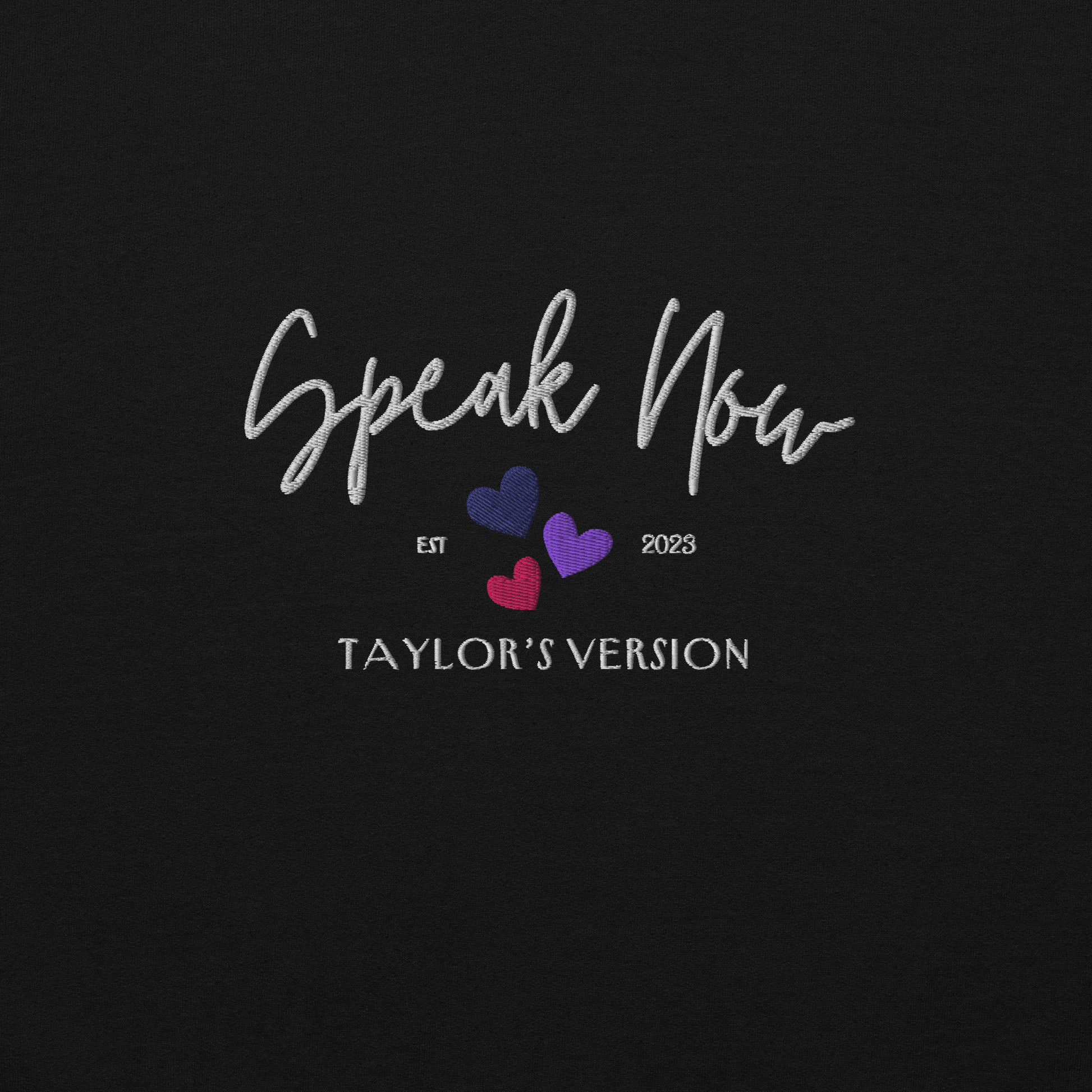 Black crewneck Taylor Swift “Speak Now” sweatshirt featuring elegant scripted logo inspired by the Speak Now album era, cozy unisex fan merch perfect for Swifties and everyday wear
