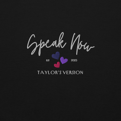 Black crewneck Taylor Swift “Speak Now” sweatshirt featuring elegant scripted logo inspired by the Speak Now album era, cozy unisex fan merch perfect for Swifties and everyday wear