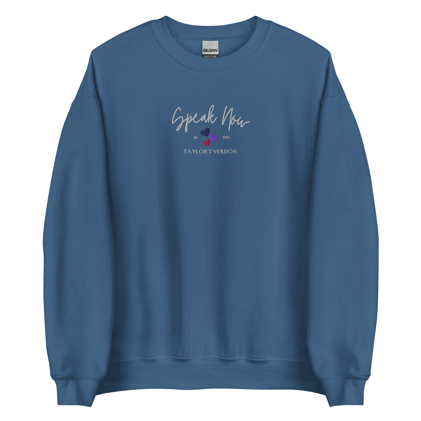 Indigo Blue crewneck Taylor Swift “Speak Now” sweatshirt featuring elegant scripted logo inspired by the Speak Now album era, cozy unisex fan merch perfect for Swifties and everyday wear