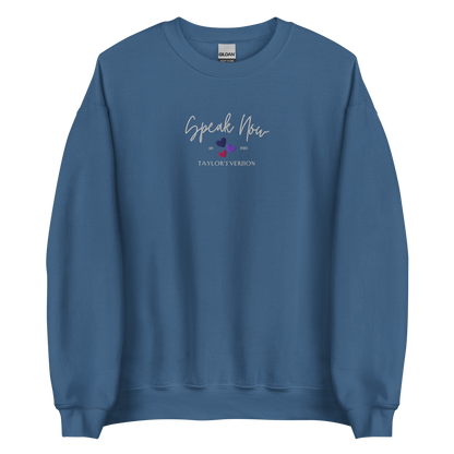 Indigo Blue crewneck Taylor Swift “Speak Now” sweatshirt featuring elegant scripted logo inspired by the Speak Now album era, cozy unisex fan merch perfect for Swifties and everyday wear