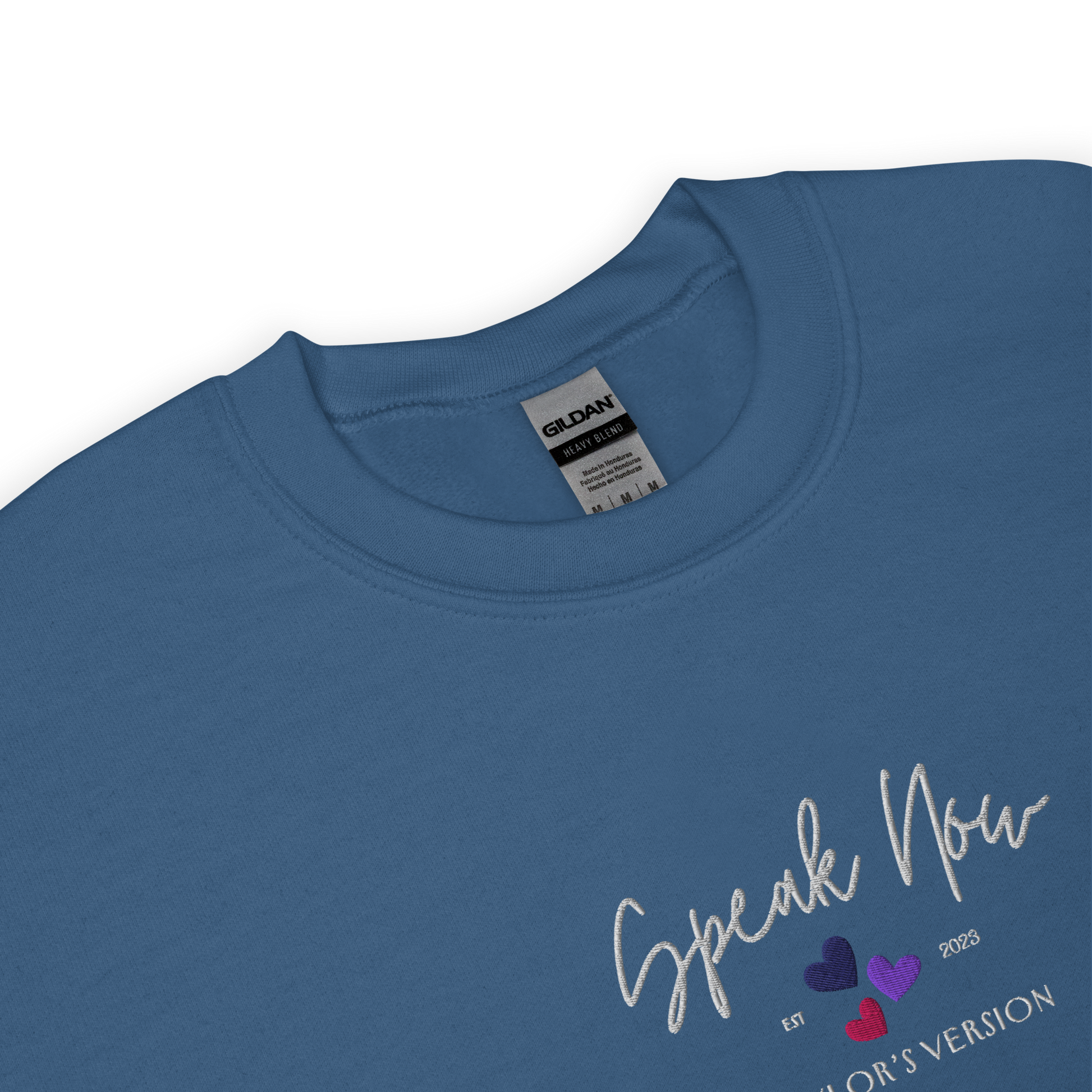 Indigo Blue crewneck Taylor Swift “Speak Now” sweatshirt featuring elegant scripted logo inspired by the Speak Now album era, cozy unisex fan merch perfect for Swifties and everyday wear