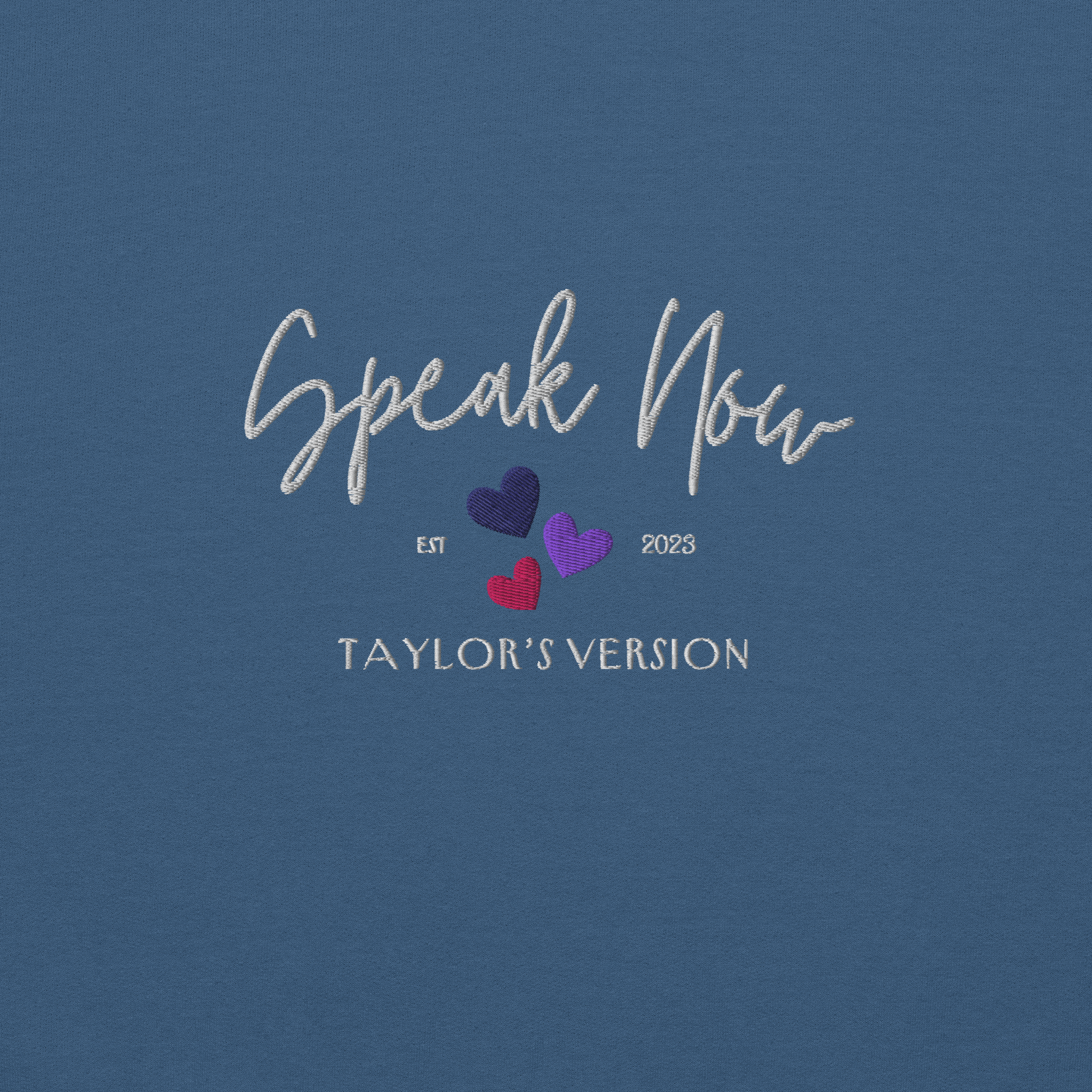 Indigo Blue crewneck Taylor Swift “Speak Now” sweatshirt featuring elegant scripted logo inspired by the Speak Now album era, cozy unisex fan merch perfect for Swifties and everyday wear