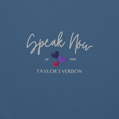 Indigo Blue crewneck Taylor Swift “Speak Now” sweatshirt featuring elegant scripted logo inspired by the Speak Now album era, cozy unisex fan merch perfect for Swifties and everyday wear