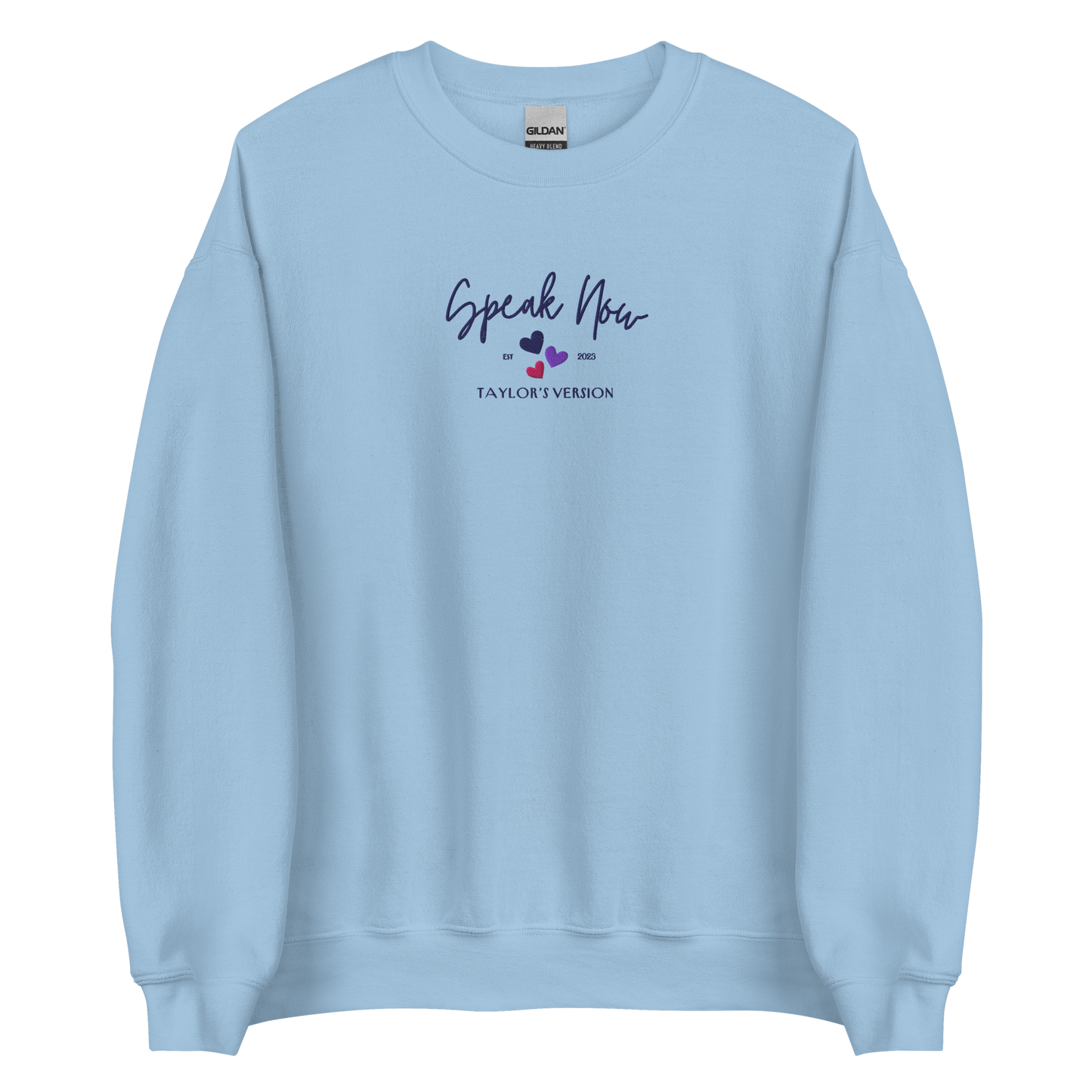 Light Blue crewneck Taylor Swift “Speak Now” sweatshirt featuring elegant scripted logo inspired by the Speak Now album era, cozy unisex fan merch perfect for Swifties and everyday wear